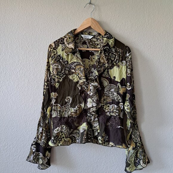 ❤️John Paul Richard 90s Groovy Boho Brown & Green Button-Down Blouse L - Picture 1 of 9